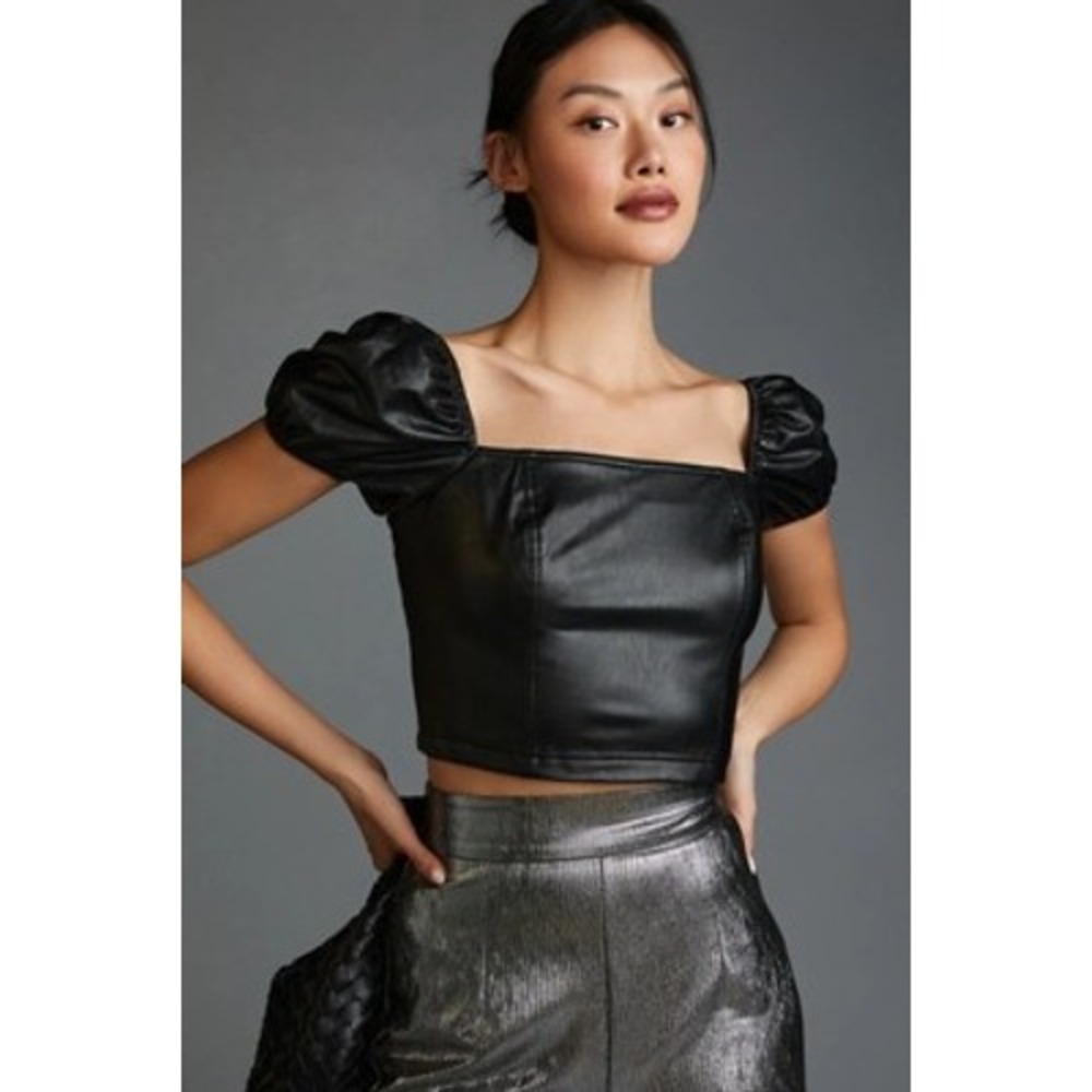 Avec Les Filles Faux Leather Cap-Sleeve Blouse Womens Black Small
